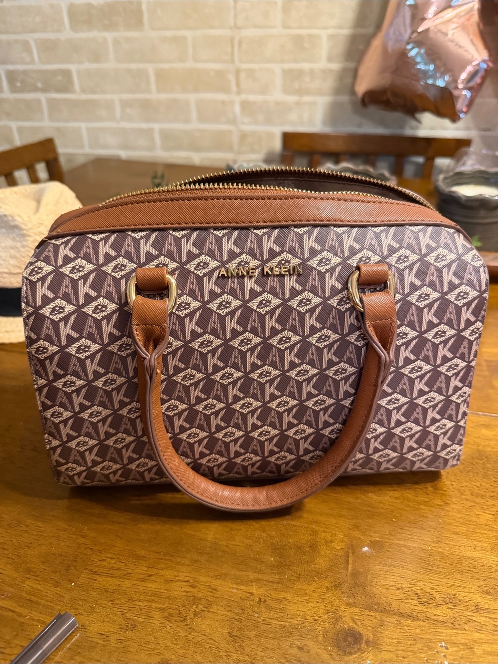 Anne Klein Brown Logo Dome Satchel with Tan Trim